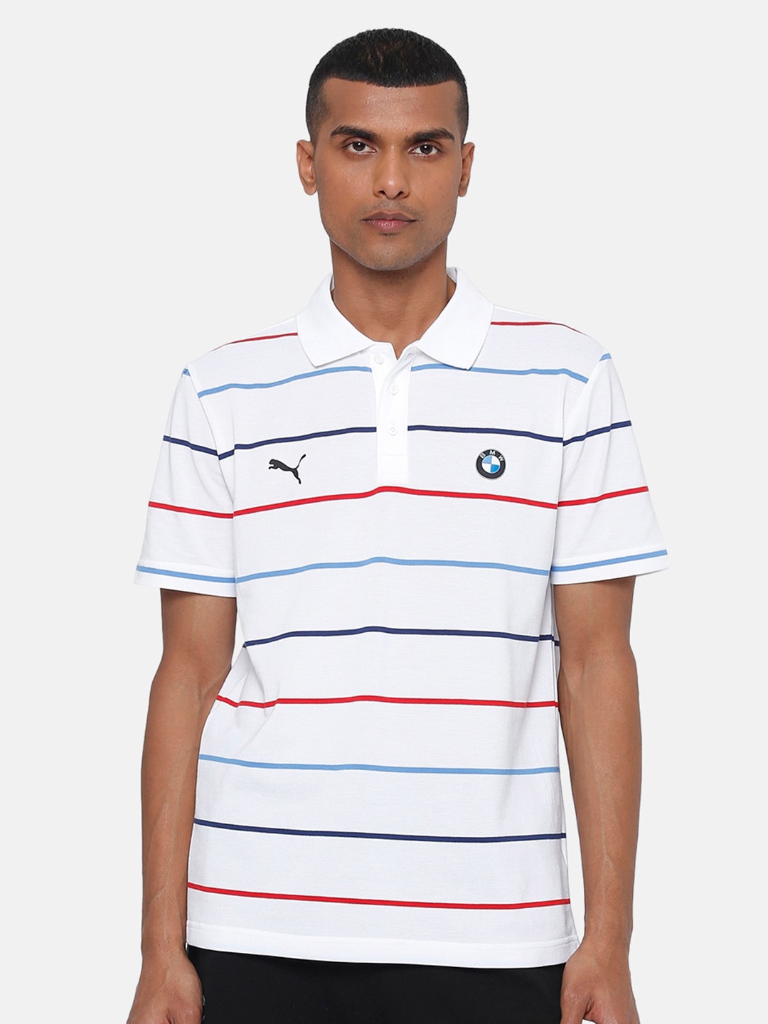 

PUMA Motorsport Men White BMW Striped Polo Collar Motorsports T-shirt