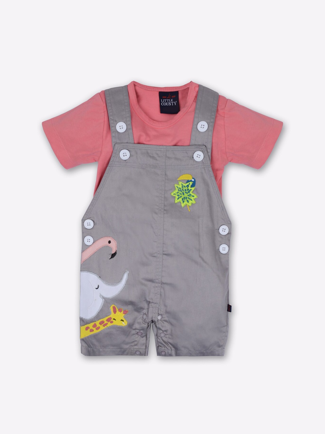 

Little County Boys Grey & Pink Embroidered Pure Cotton Dungarees