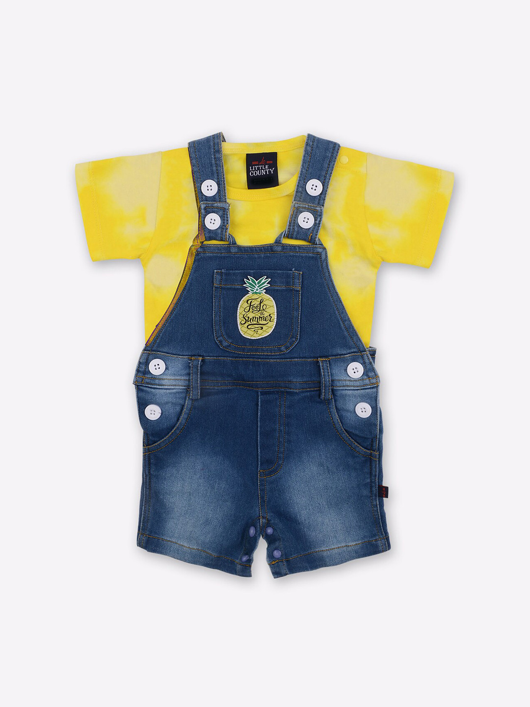 

Little County Boys Blue & Yellow Solid Pure Cotton Denim Dungaree With T-shirt