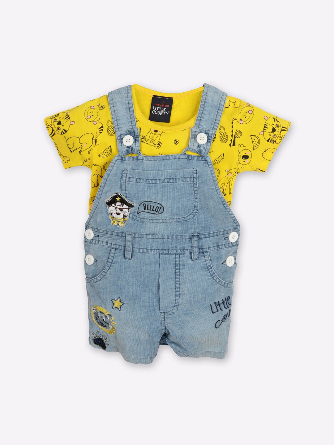 

Little County Infant Boys Blue & Yellow Printed Pure Cotton Dungaree With T-Shirt