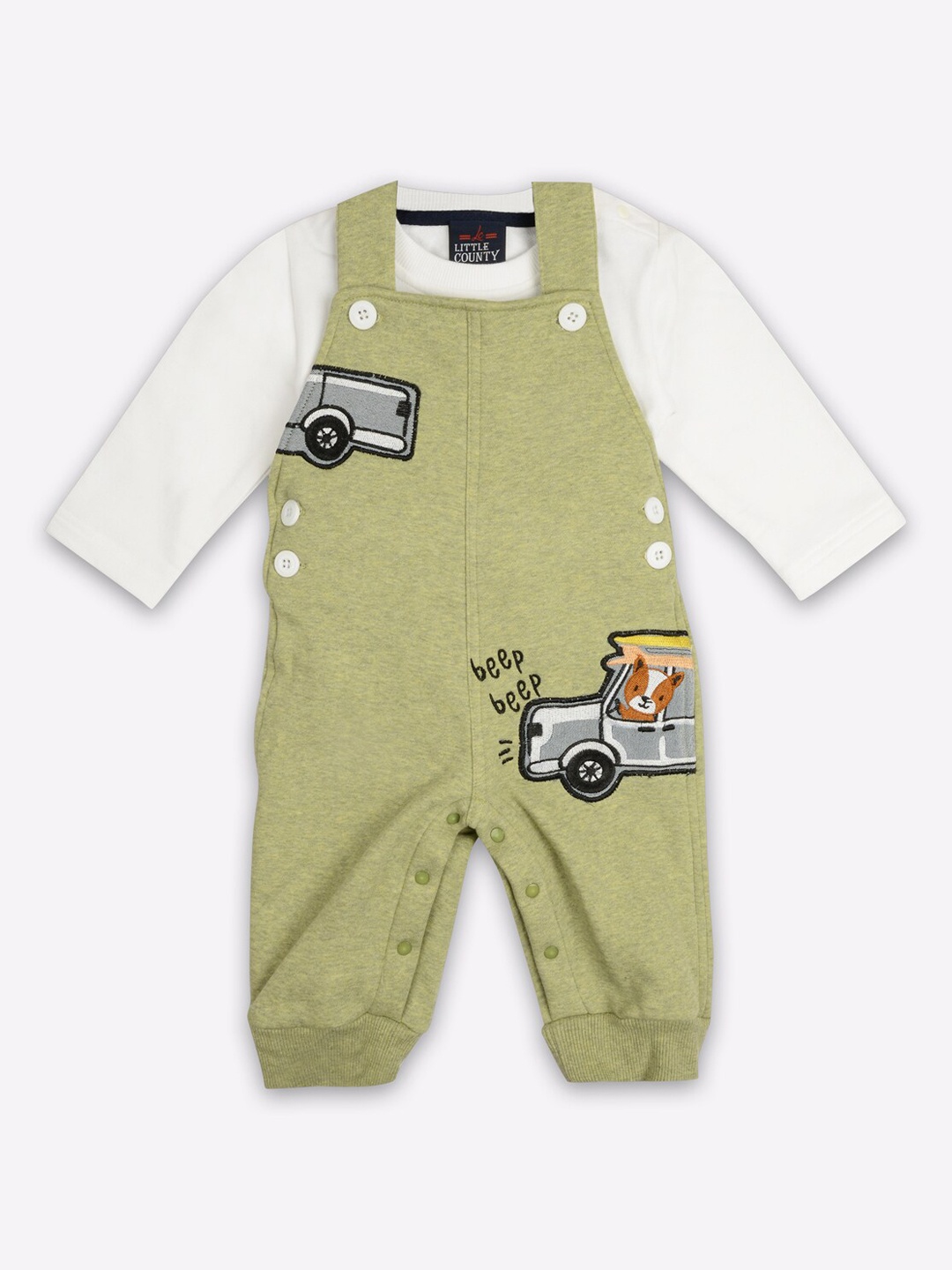 

Little County Boys Green & Off White Embroidered Dungarees With T-Shirt