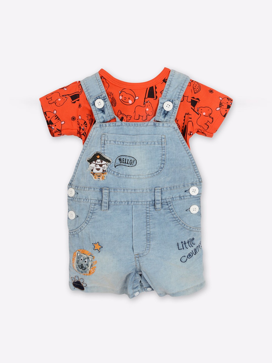 

Little County Boys Blue & Red Printed Dungarees With T-Shirt