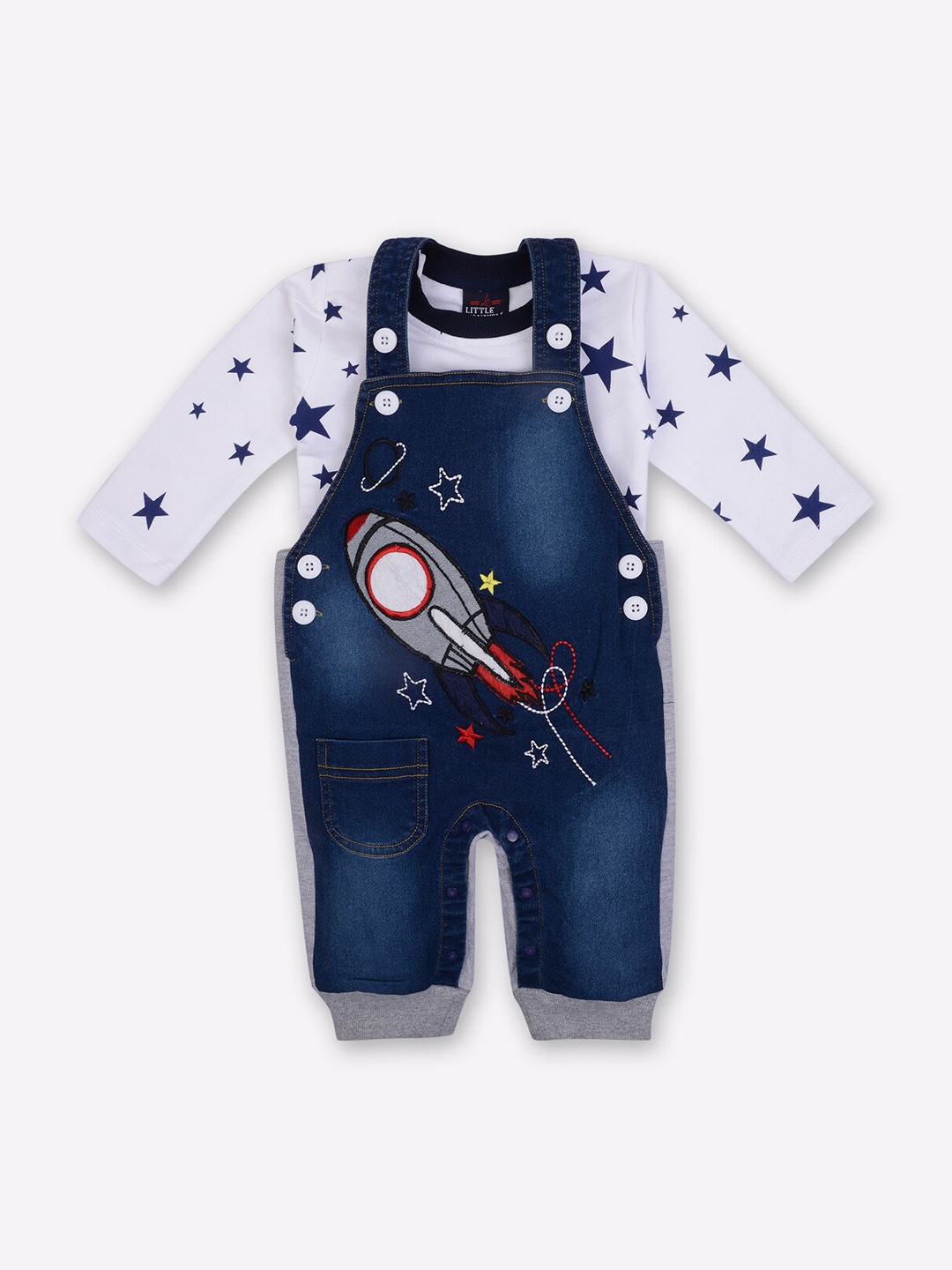 

Little County Infant Boys White & Blue Pure Cotton Denim Dungarees With T-Shirt