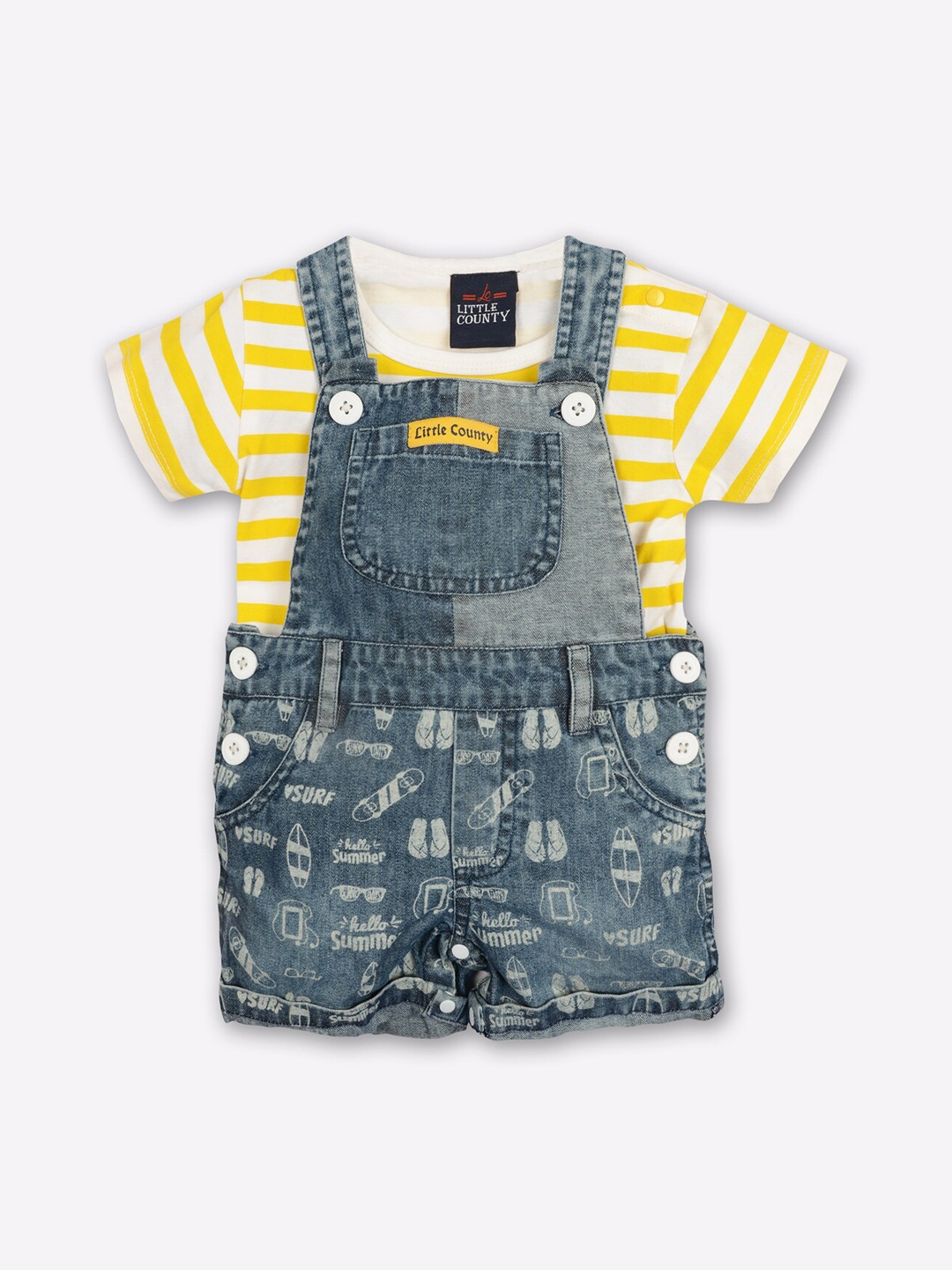 

Little County Infant Boys Blue & Yellow Pure Cotton Denim Dungarees With T-Shirt