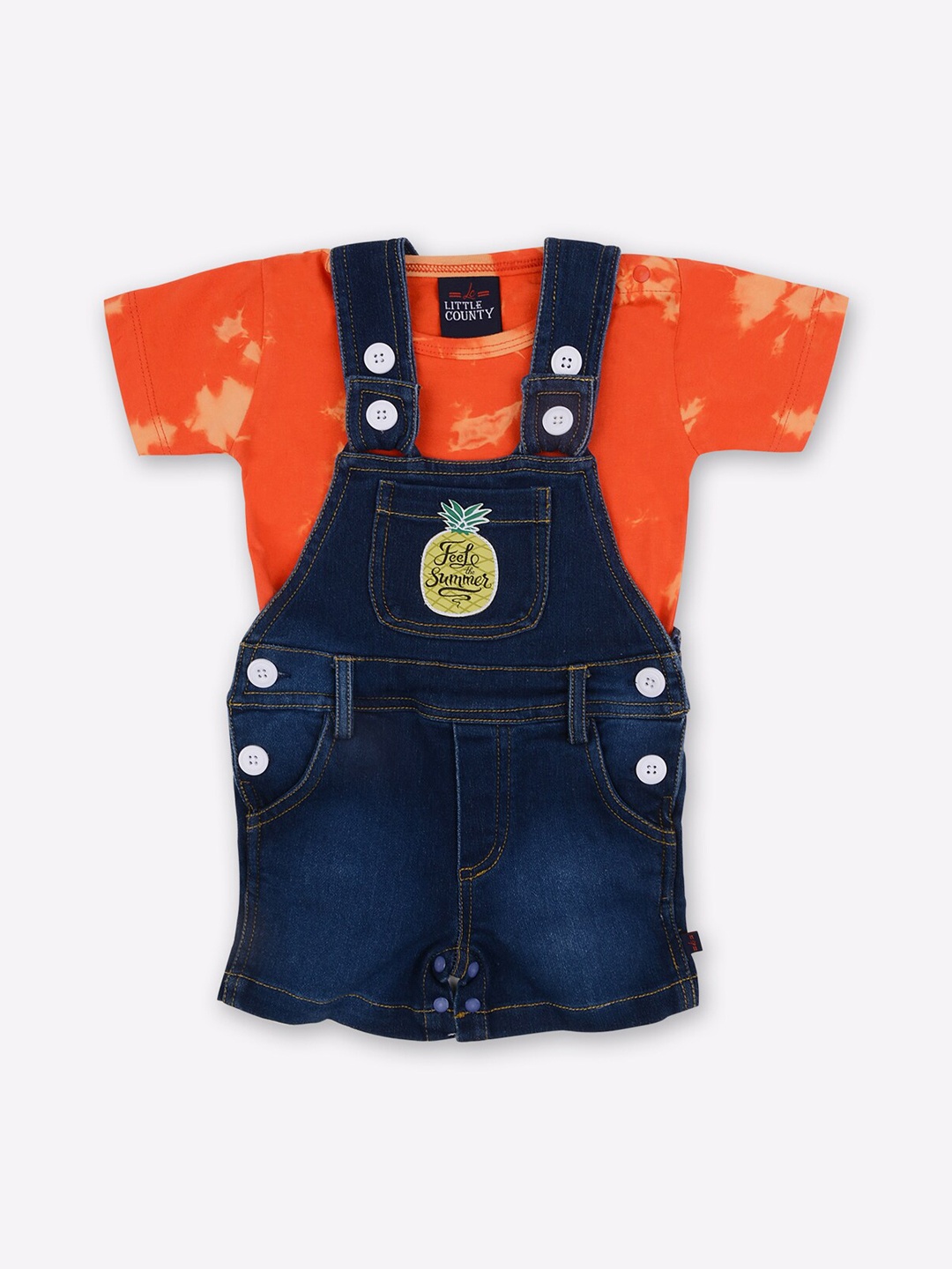 

Little County Boys Navy Blue & Orange Solid Pure Cotton Dungree With Inner Tshirt