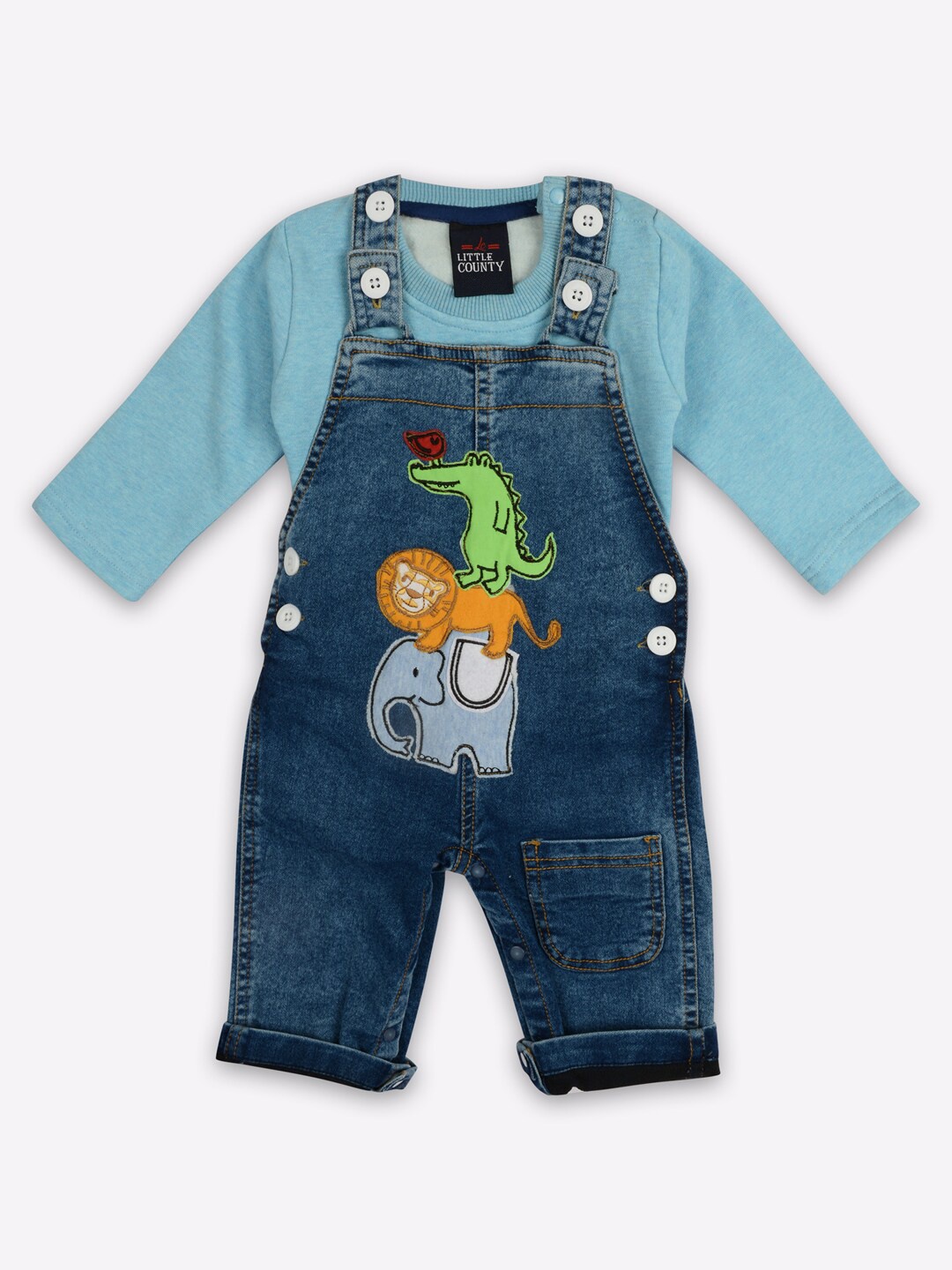 

Little County Infant Boys Blue Animal Patch Work Denim Dungaree With T-Shirt