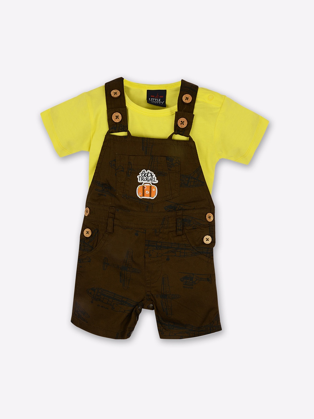 

Little County Boys Olive & Yellow Solid Pure Cotton Denim Dungaree With T-shirt