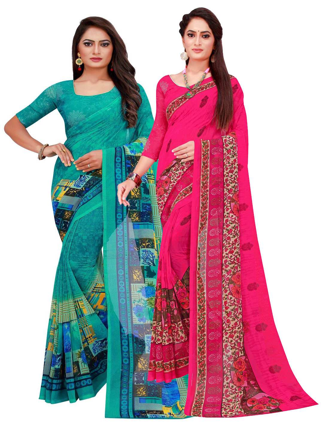 

SAADHVI Turquoise Blue & Magenta Printed Pure Georgette Saree Pack Of 2