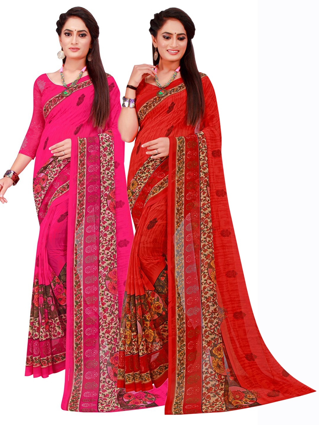

SAADHVI Magenta & Red Printed Pure Georgette Saree Pack Of 2