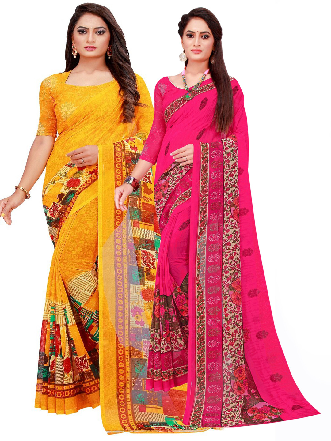 

SAADHVI Magenta & Yellow Set of 2 Floral Printed Georgette Saree