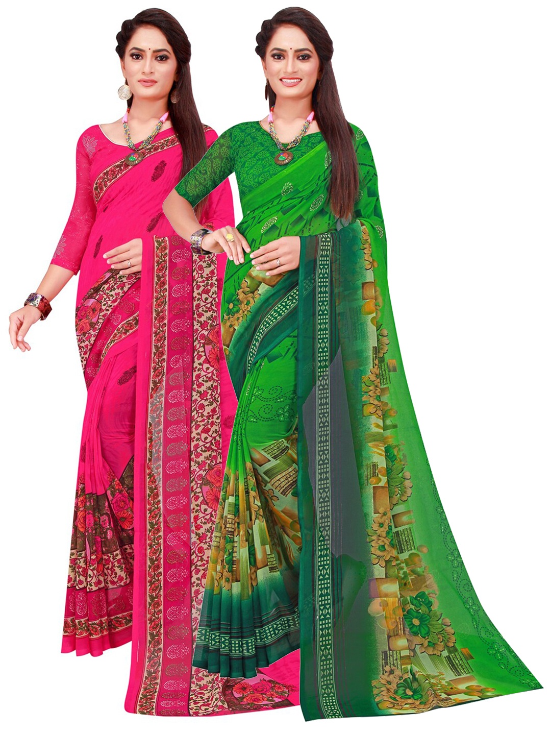 

SAADHVI Magenta & Green Printed Pure Georgette Saree Pack Of 2