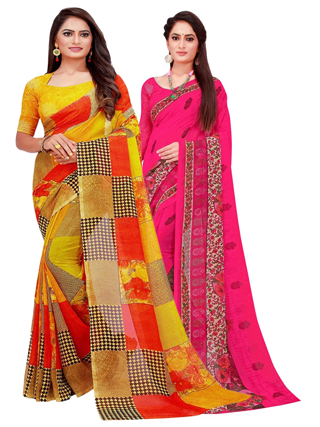 

SAADHVI Magenta & Yellow Printed Pure Georgette Saree Pack Of 2