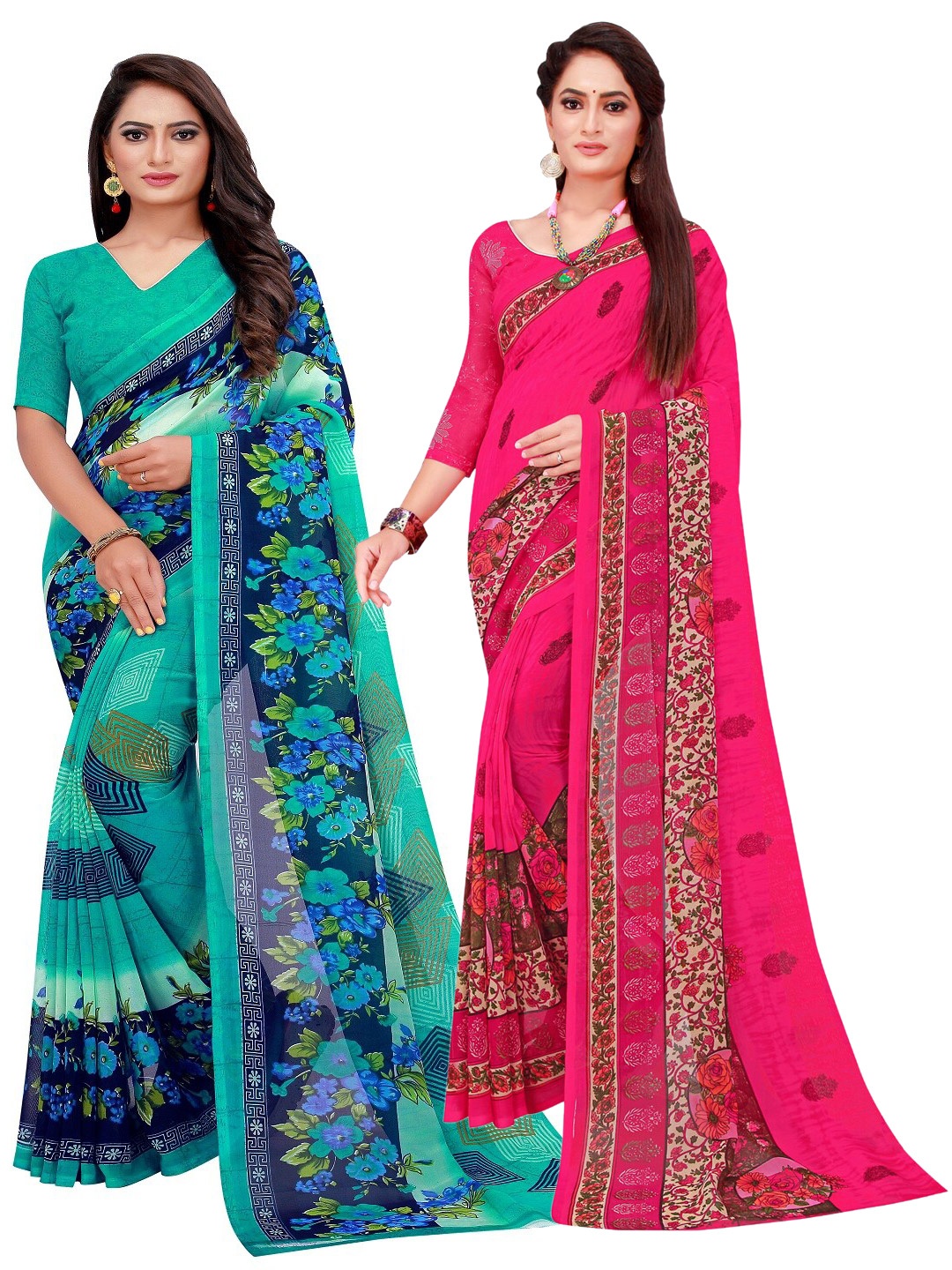 

SAADHVI Turquoise Blue & Magenta Set of 2 Floral Printed Georgette Saree