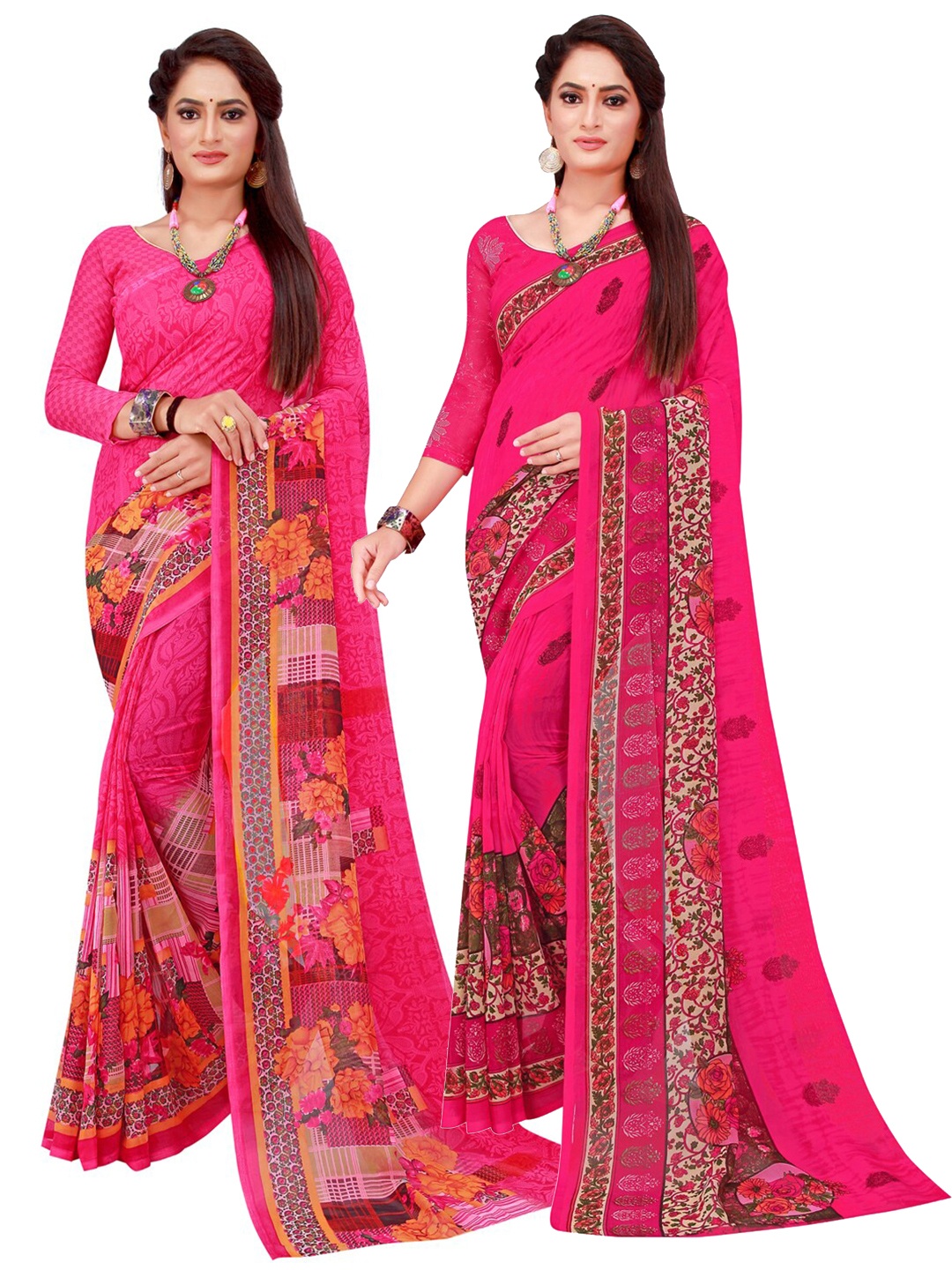 

SAADHVI Magenta Set of 2 Floral Printed Georgette Saree