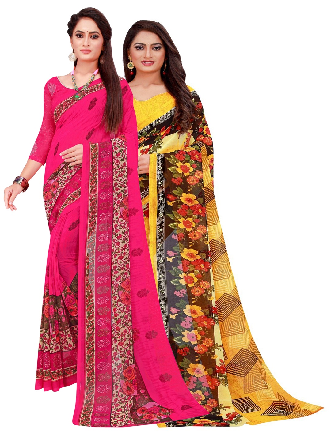 

SAADHVI Yellow & Magenta Printed Pure Georgette Saree Pack Of 2