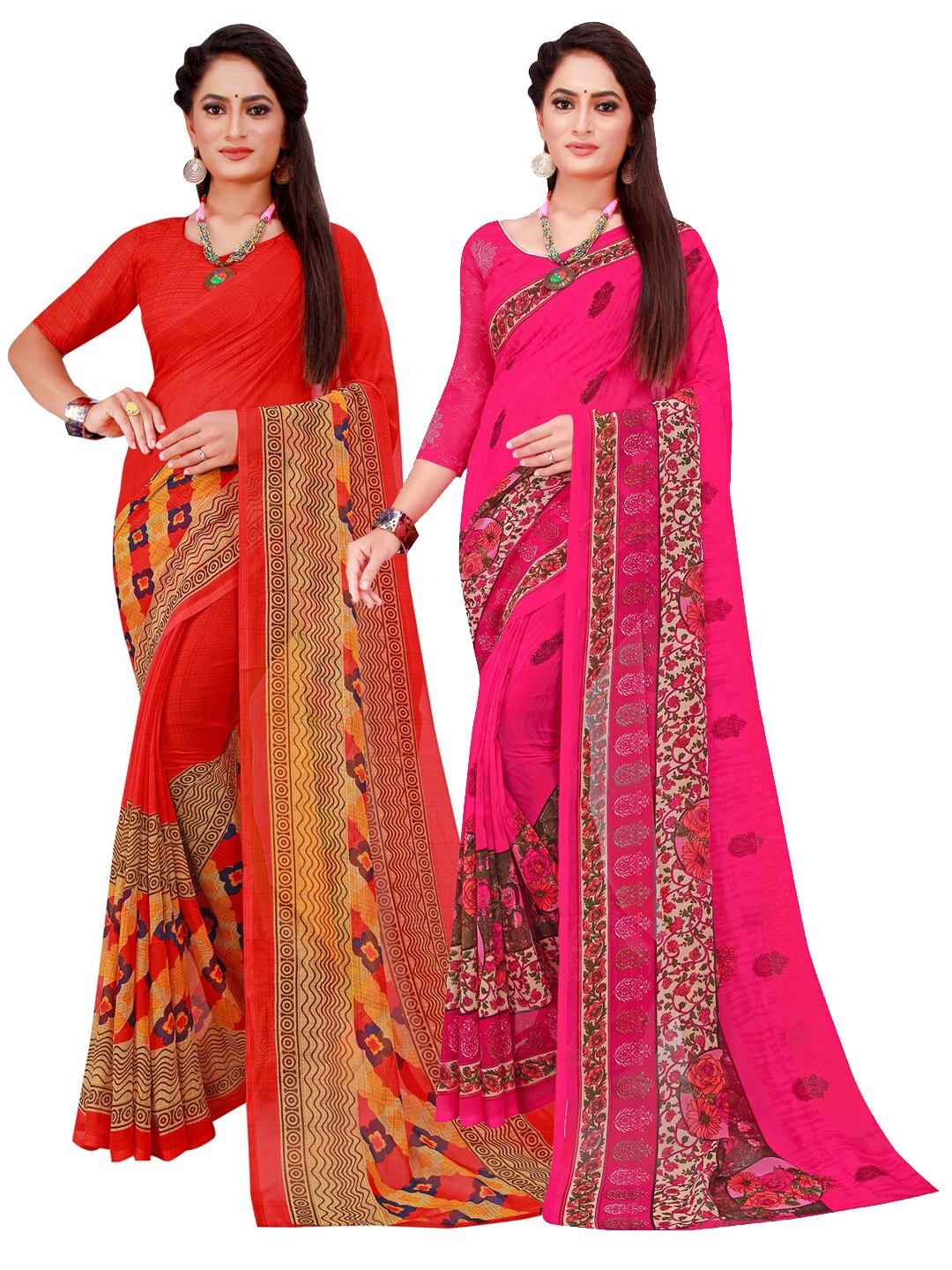 

SAADHVI Red & Magenta Printed Pure Georgette Saree Pack Of 2