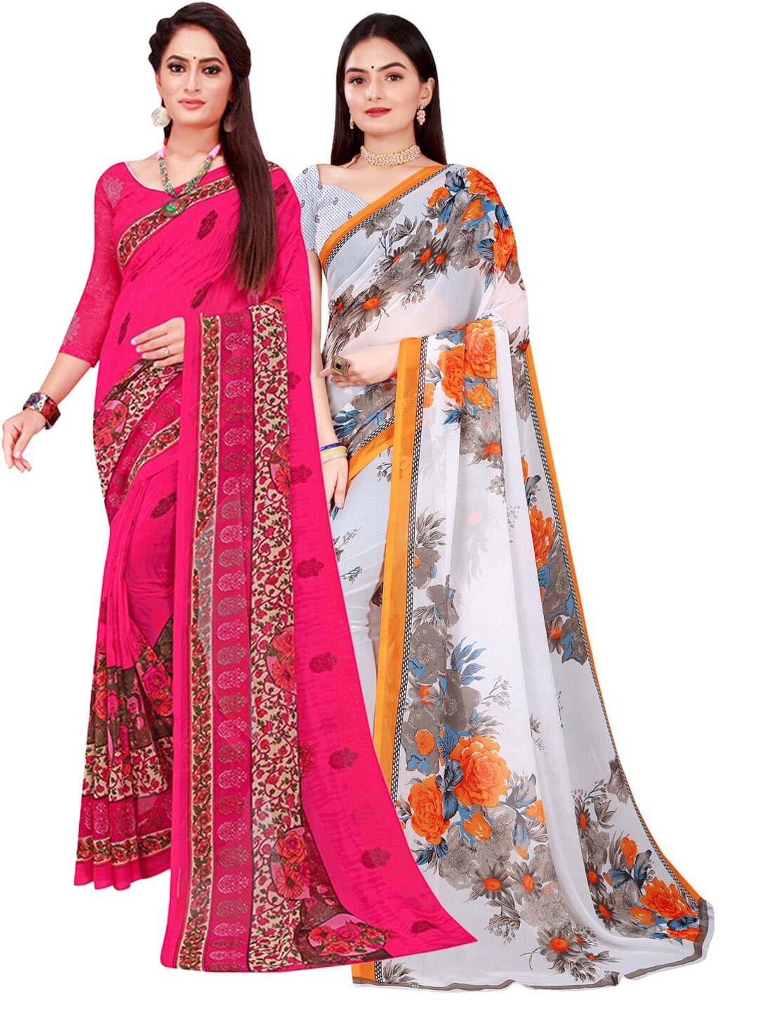 

SAADHVI Magenta & White Set of 2 Floral Printed Georgette Saree