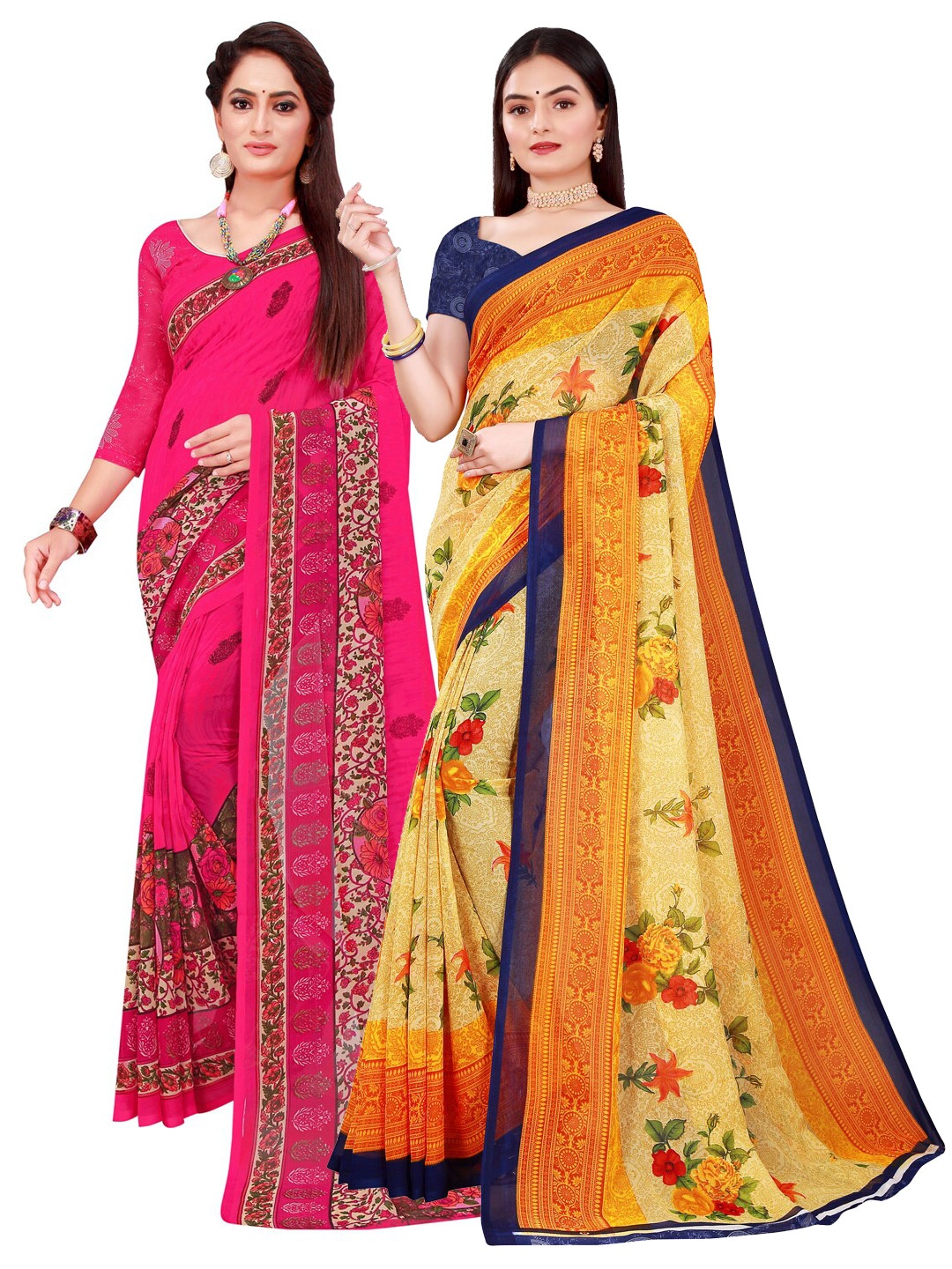 

SAADHVI Beige & Pink Floral Printed Pure Georgette Saree Pack Of 2