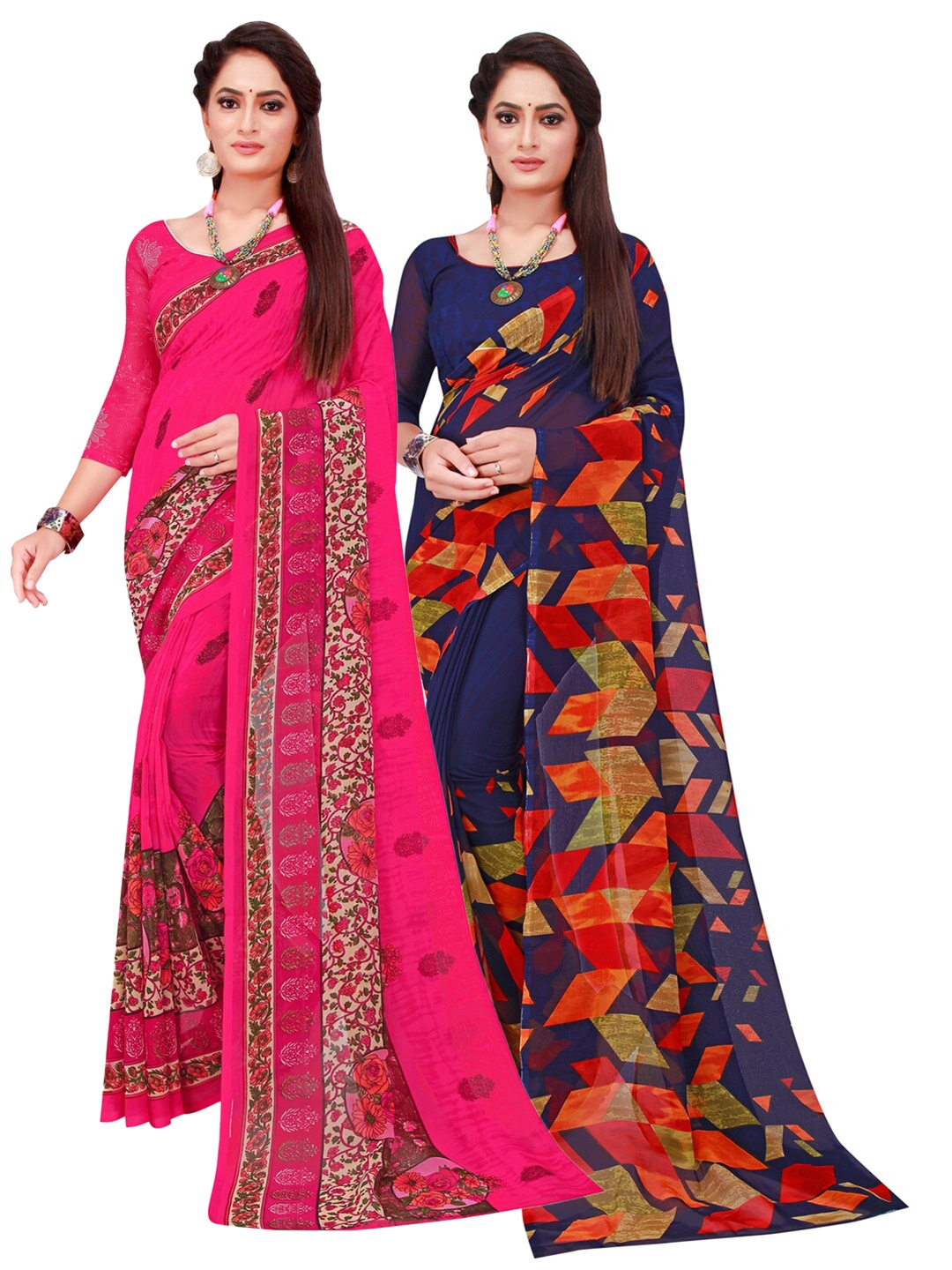 

SAADHVI Navy Blue & Magenta Set of 2 Floral Printed Georgette Saree