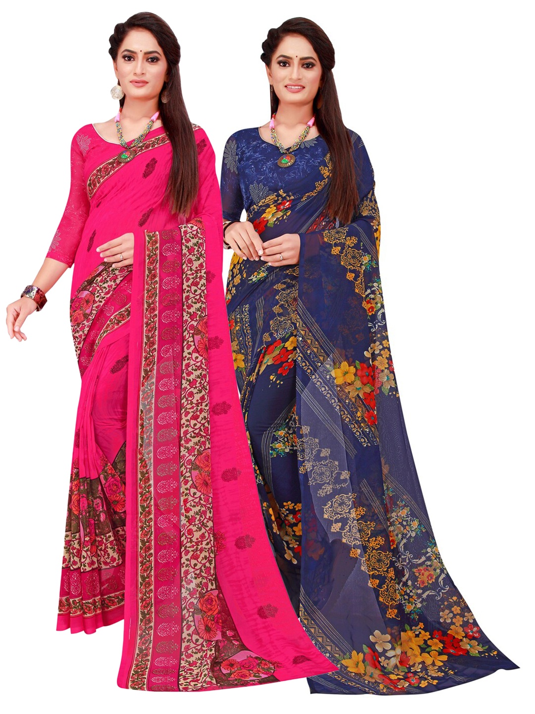 

SAADHVI Magenta & Navy Blue Floral Printed Pure Georgette Saree Pack Of 2