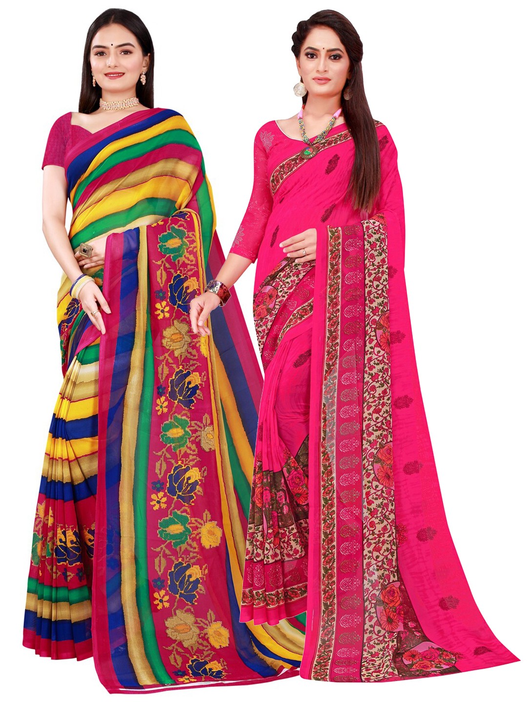 

SAADHVI Yellow & Magenta Striped Printed Pure Georgette Saree Pack Of 2