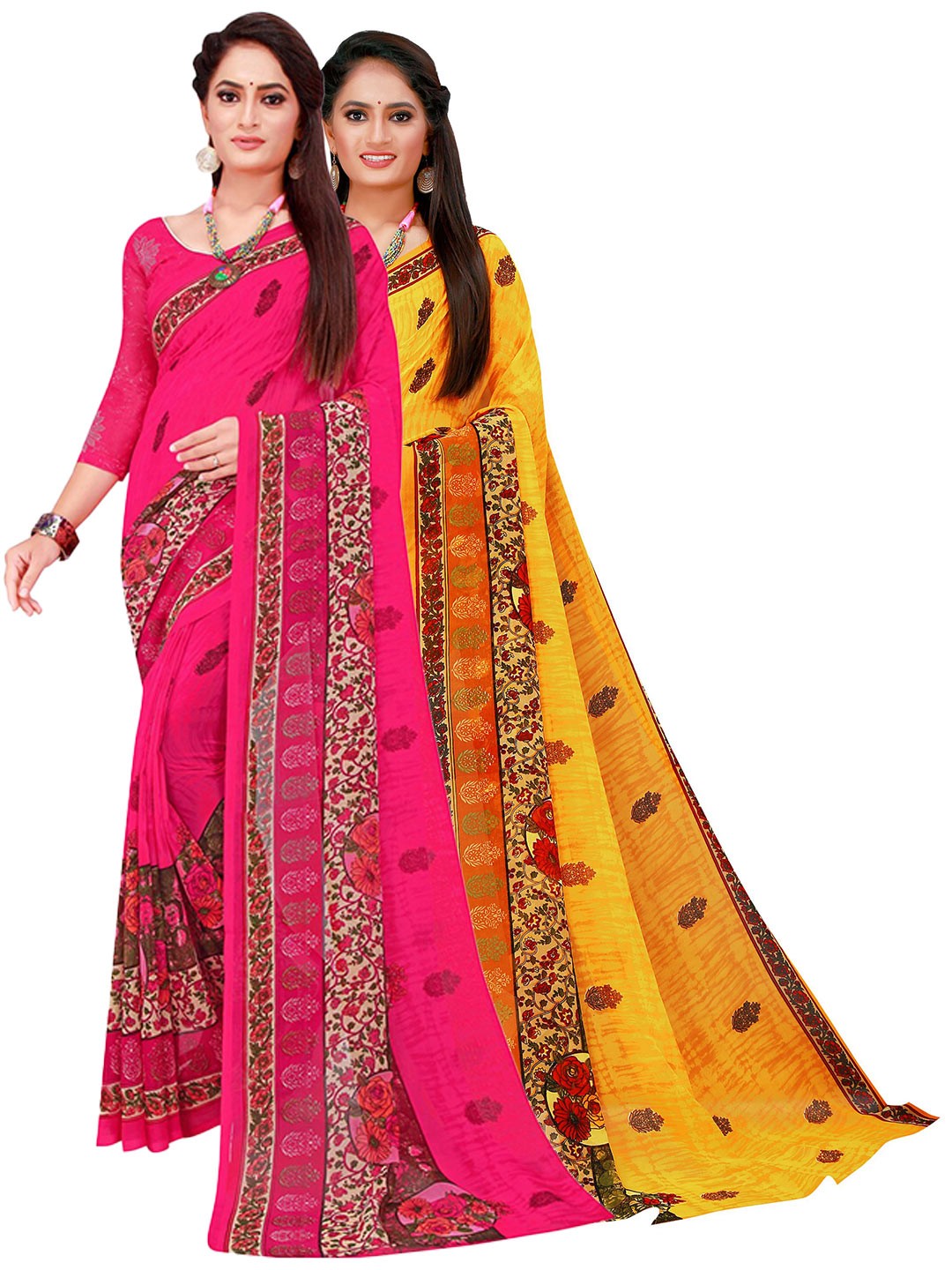 

SAADHVI Magenta & Yellow Set of 2 Floral Printed Georgette Saree
