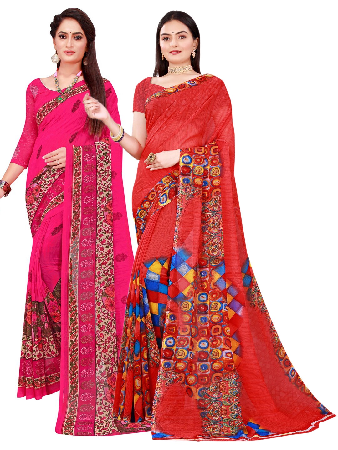 

SAADHVI Red & Magenta Printed Pure Georgette Saree Pack Of 2
