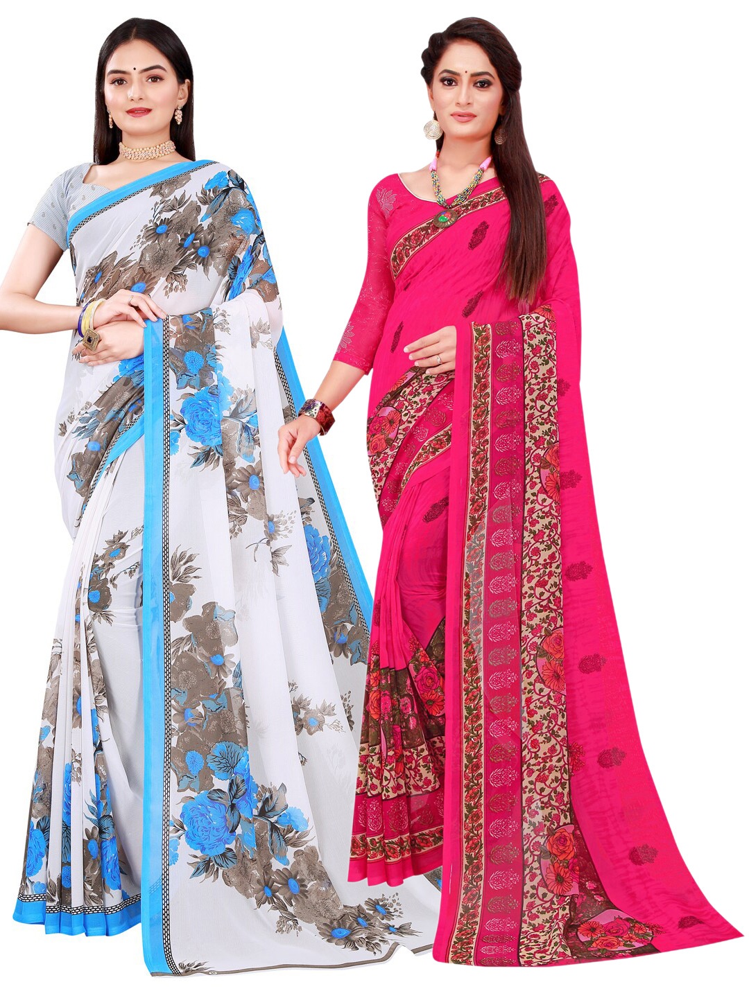 

SAADHVI Magenta & White Set of 2 Floral Printed Georgette Saree