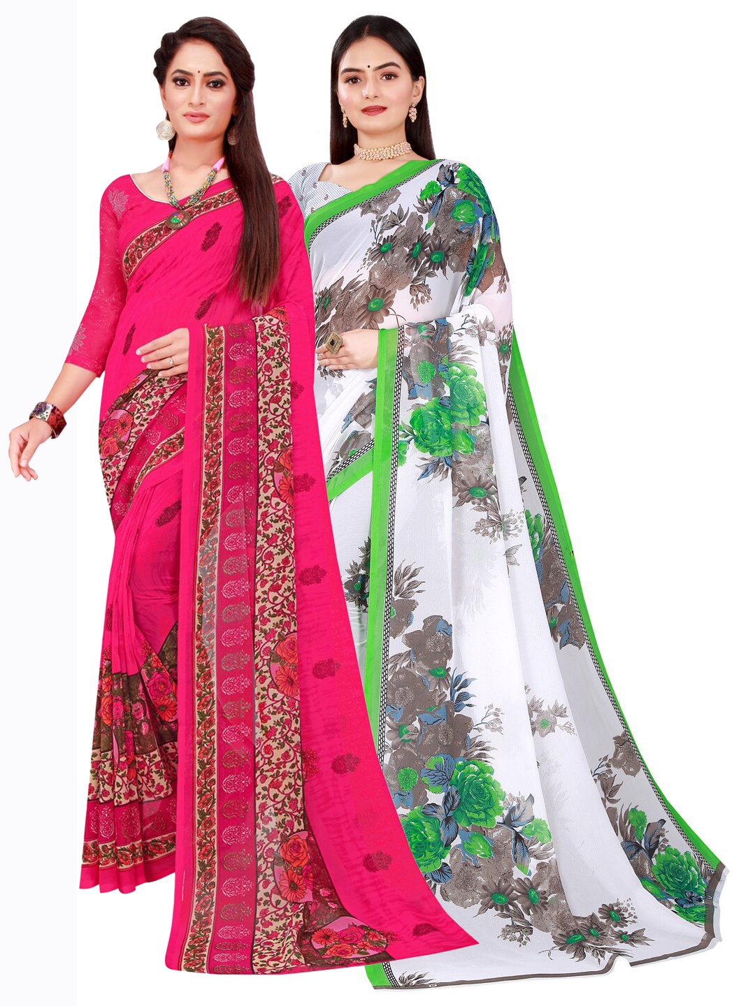 

SAADHVI Magenta & White Floral Printed Pure Georgette Saree Pack Of 2