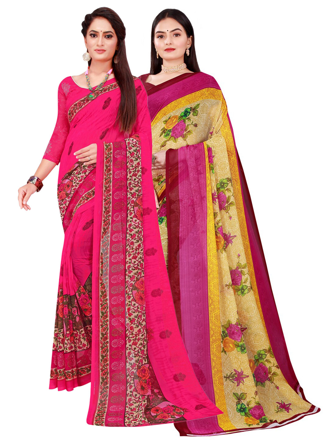 

SAADHVI Beige & Magenta Set of 2 Floral Printed Georgette Saree