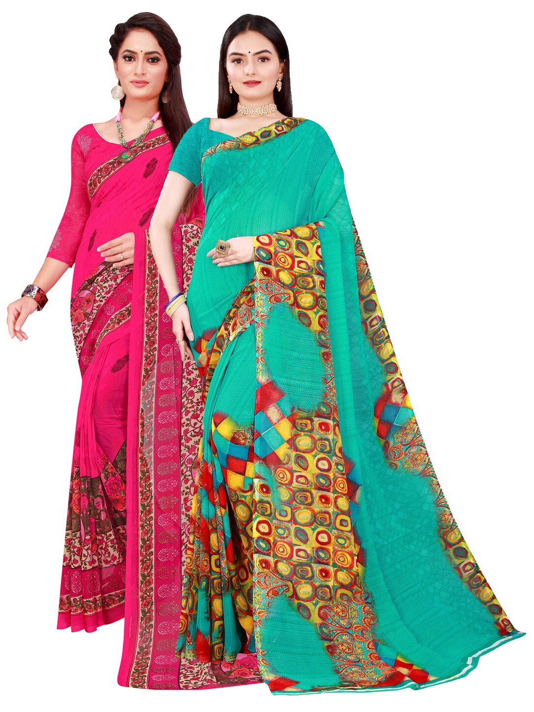 

SAADHVI Magenta & Sea Green Printed Pure Georgette Saree Pack Of 2