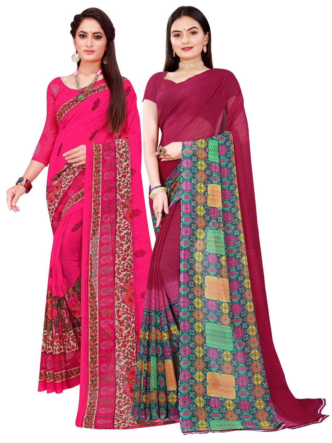 

SAADHVI Magenta & Maroon Set of 2 Floral Printed Georgette Saree