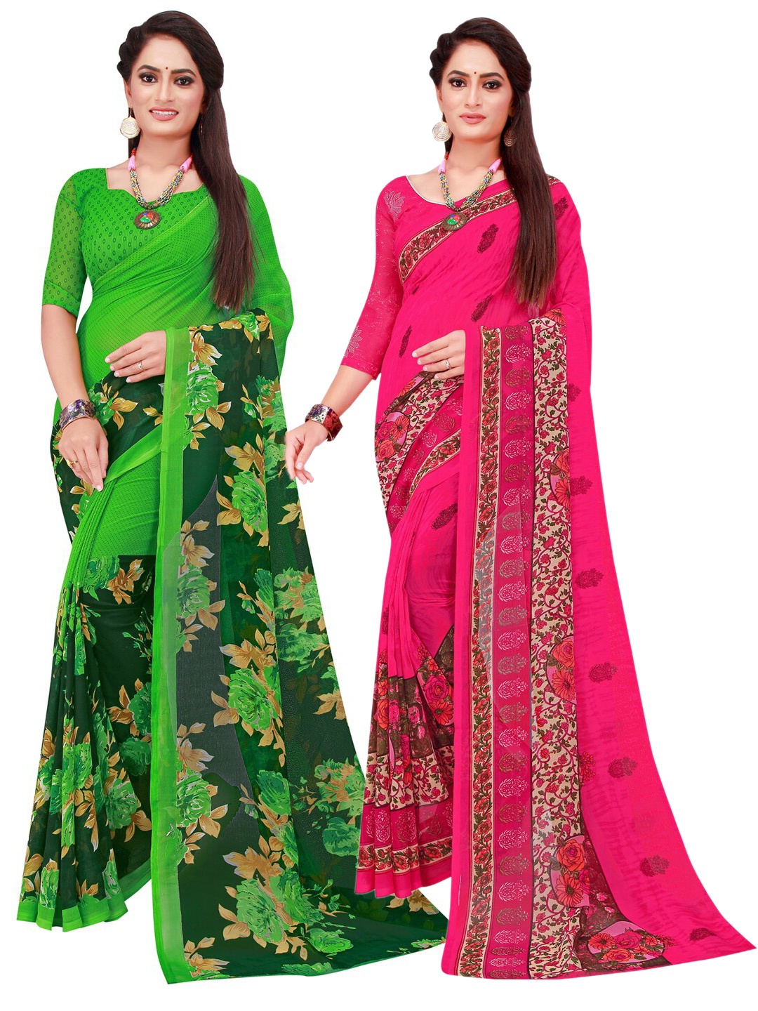 

SAADHVI Magenta & Green Floral Printed Pure Georgette Saree Pack Of 2
