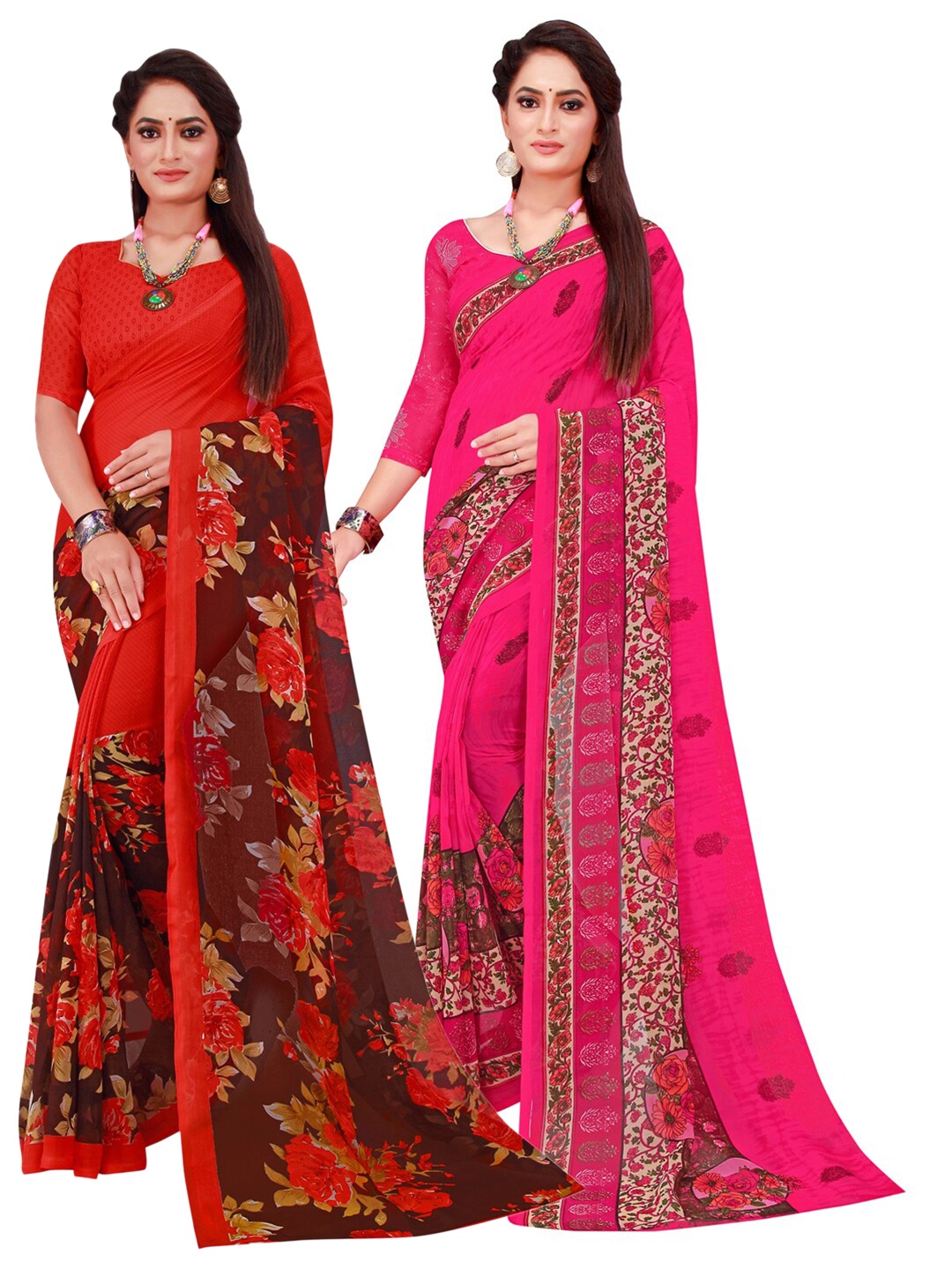 

SAADHVI Magenta & Red Set of 2 Floral Printed Georgette Saree