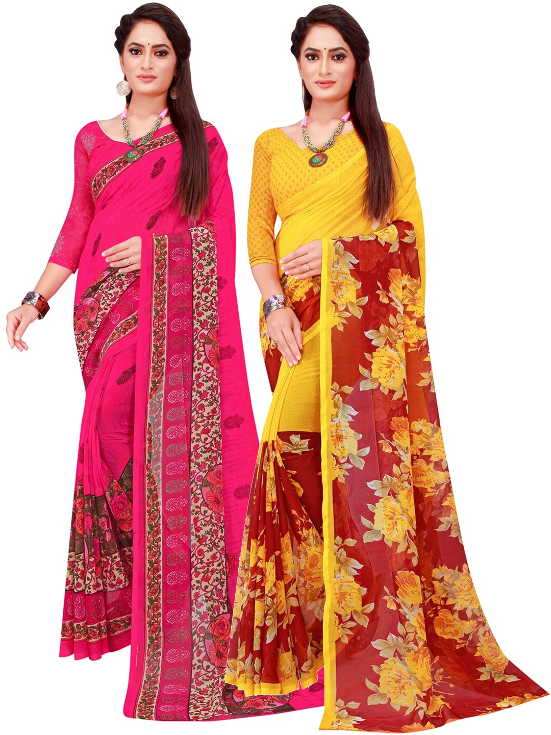 

SAADHVI Magenta & Maroon Set of 2 Floral Printed Georgette Saree