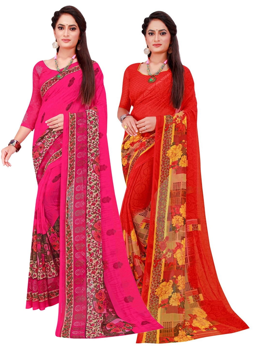 

SAADHVI Magenta & Red Set of 2 Floral Printed Georgette Saree