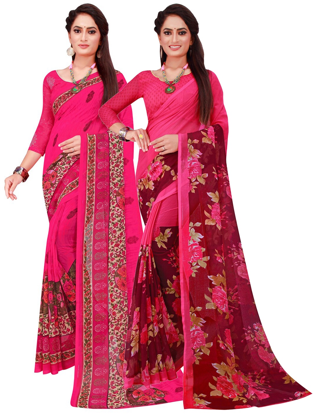 

SAADHVI Magenta & Red Floral Printed Pure Georgette Saree Pack Of 2