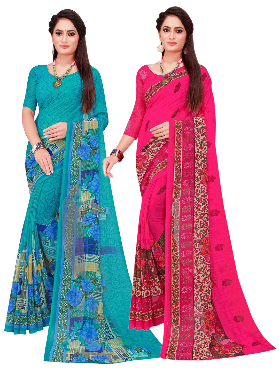 

SAADHVI Turquoise Blue & Pink Printed Pure Georgette Saree Pack Of 2
