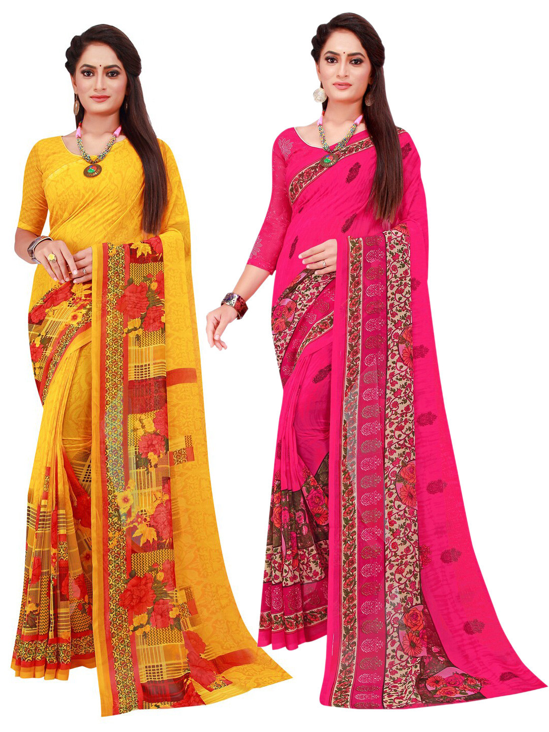 

SAADHVI Yellow & Magenta Set of 2 Floral Printed Georgette Saree