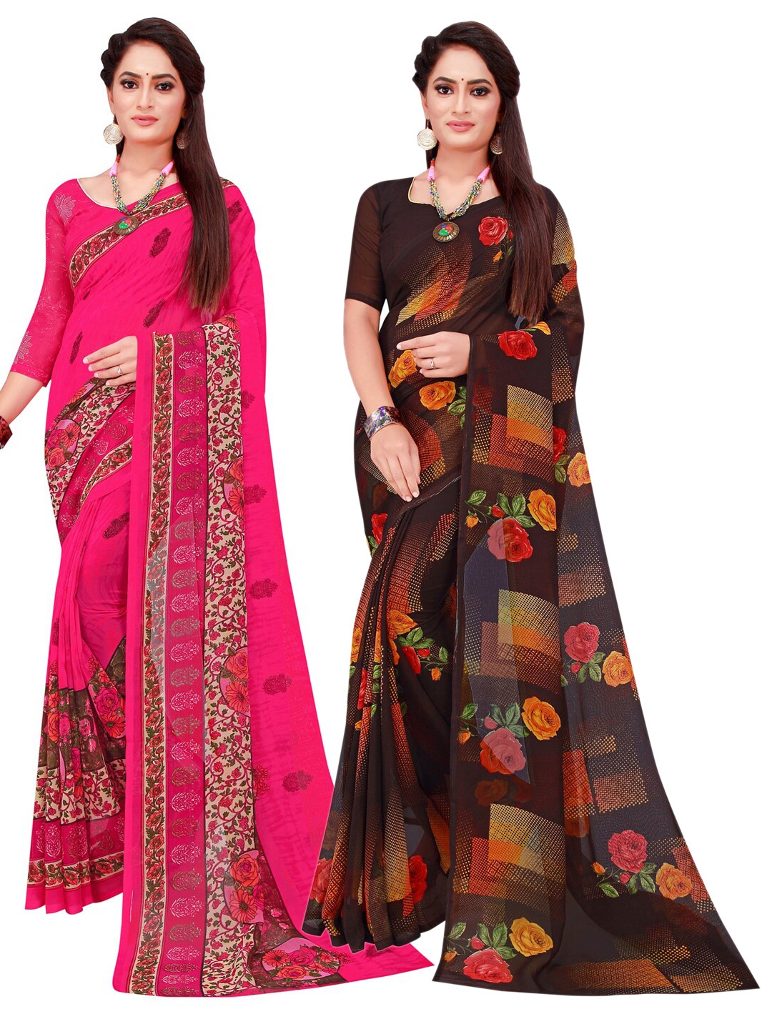 

SAADHVI Magenta & Brown Printed Pure Georgette Saree Pack Of 2