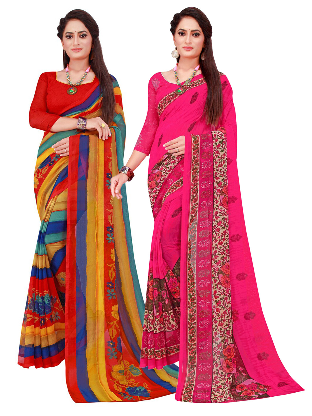 

SAADHVI Magenta & Yellow Striped Printed Pure Georgette Saree Pack Of 2