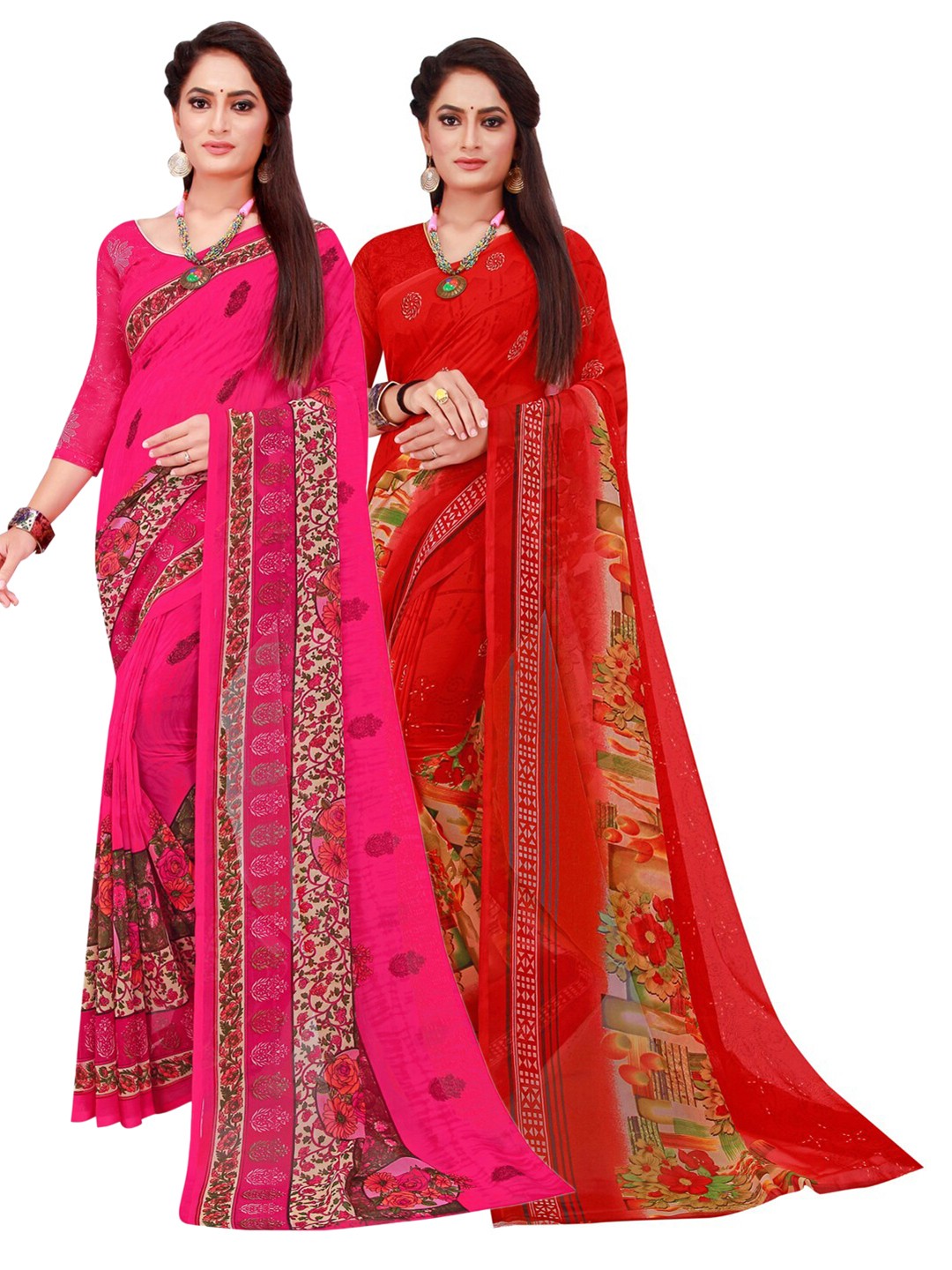 

SAADHVI Magenta & Yellow Set of 2 Floral Printed Georgette Saree