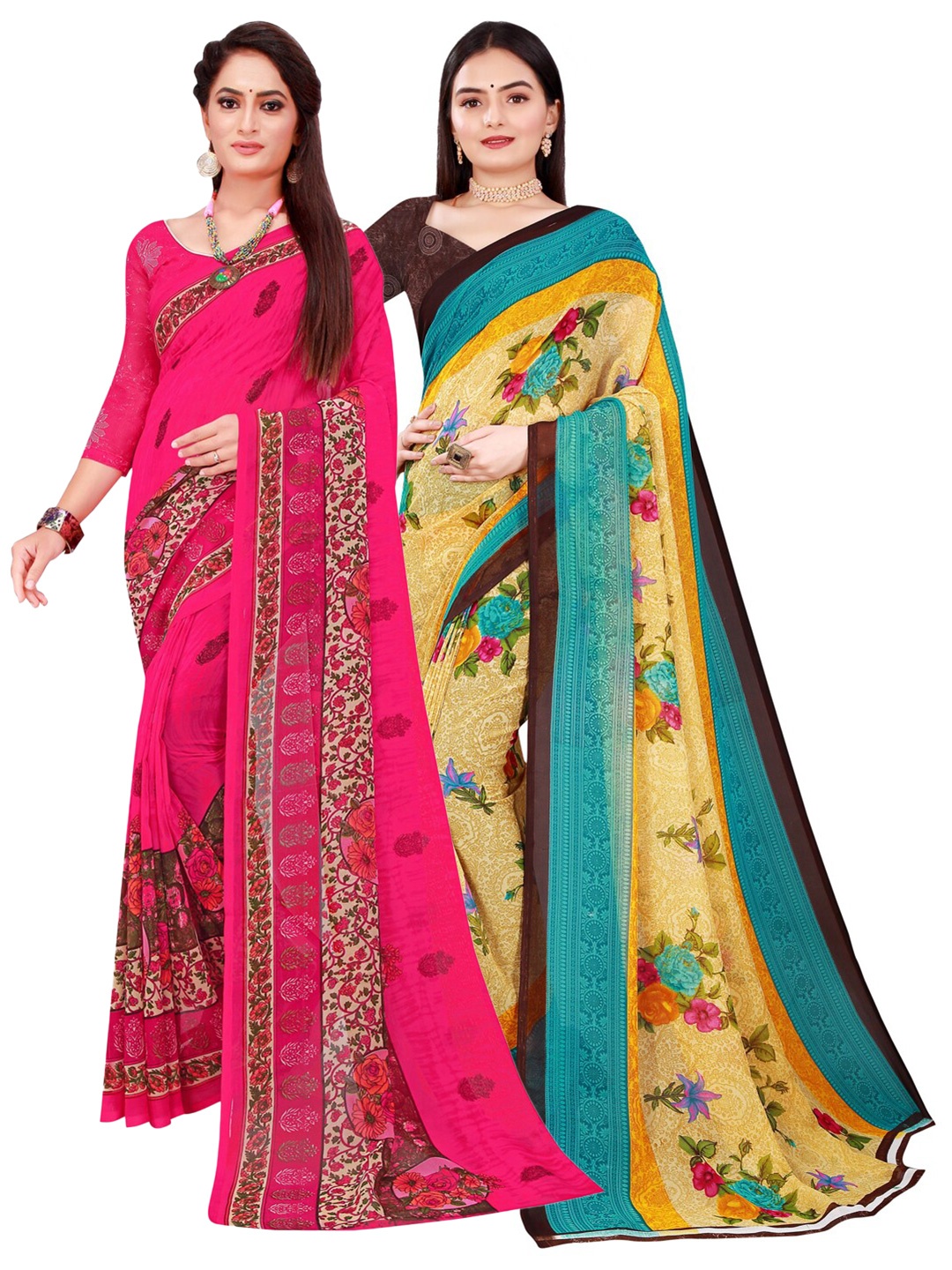 

SAADHVI Beige & Magenta Printed Pure Georgette Saree Pack Of 2