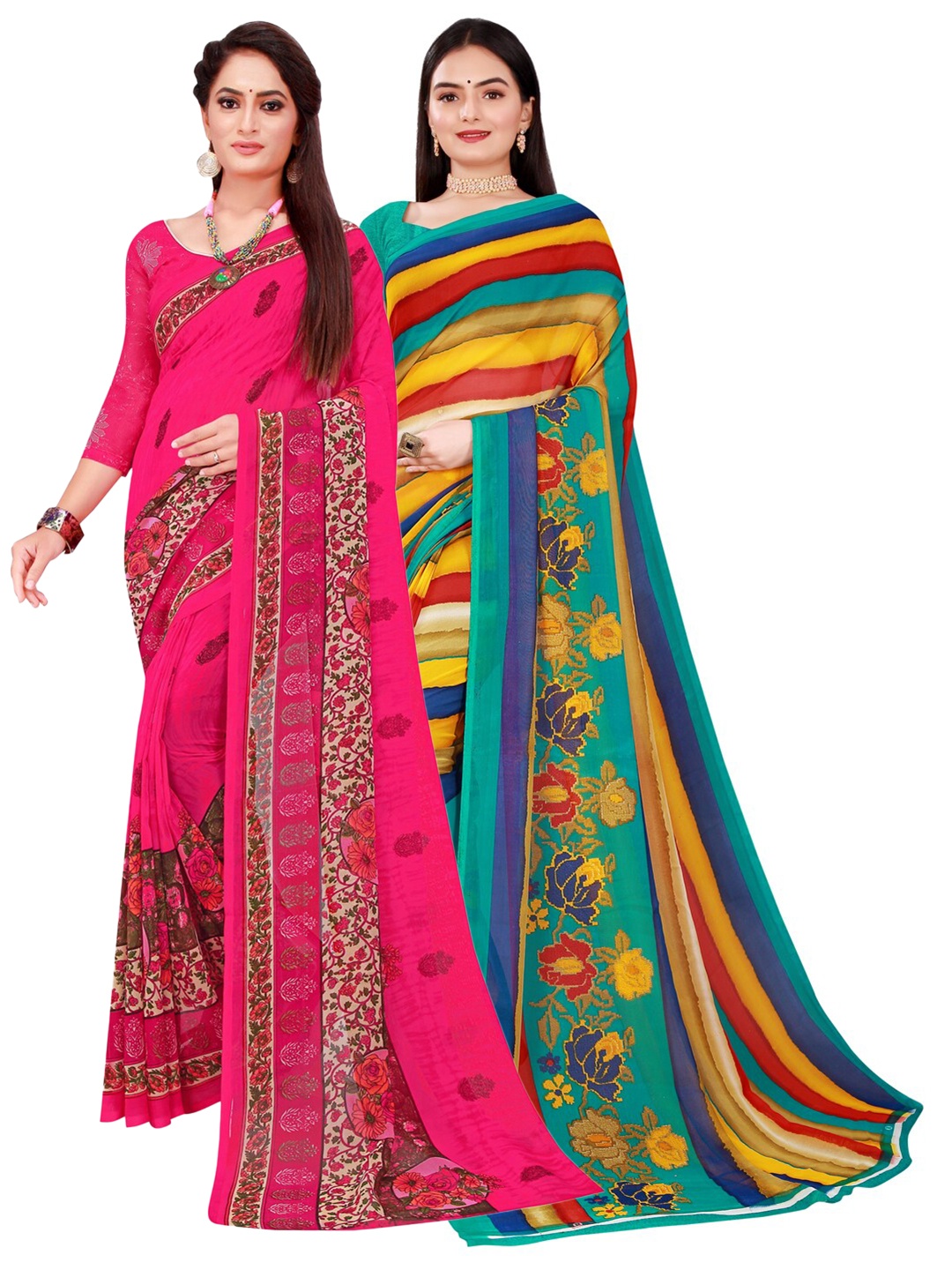 

SAADHVI Magenta & Yellow Printed Pure Georgette Saree Pack Of 2