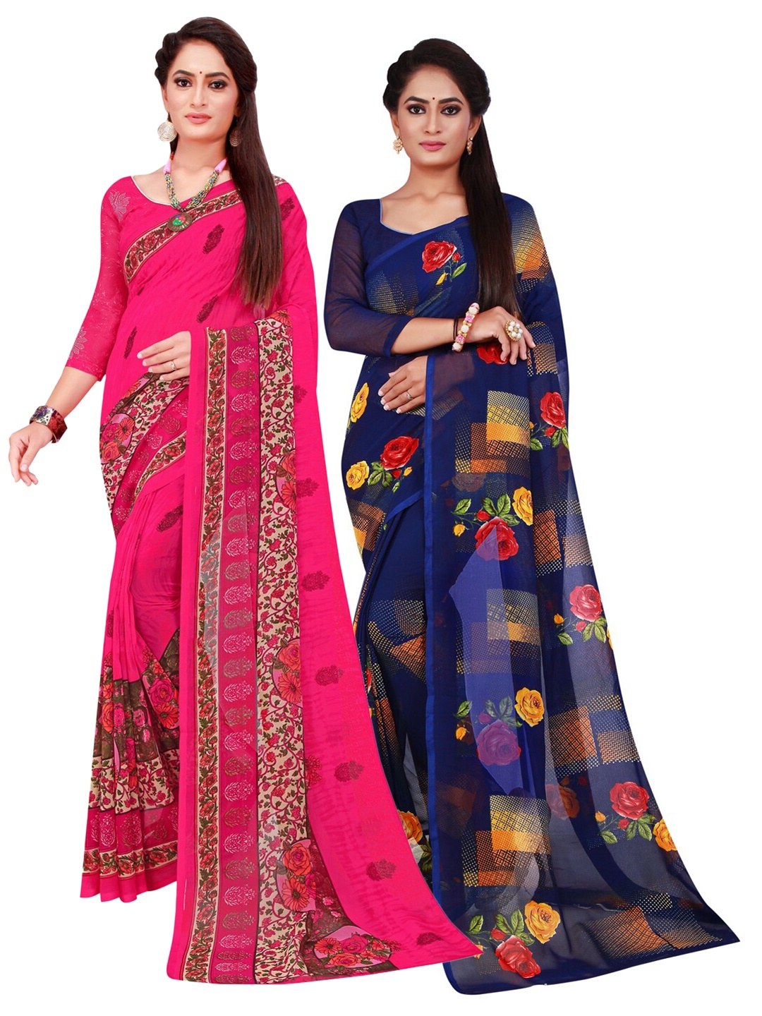 

SAADHVI Magenta & Navy Blue Set of 2 Floral Printed Georgette Saree