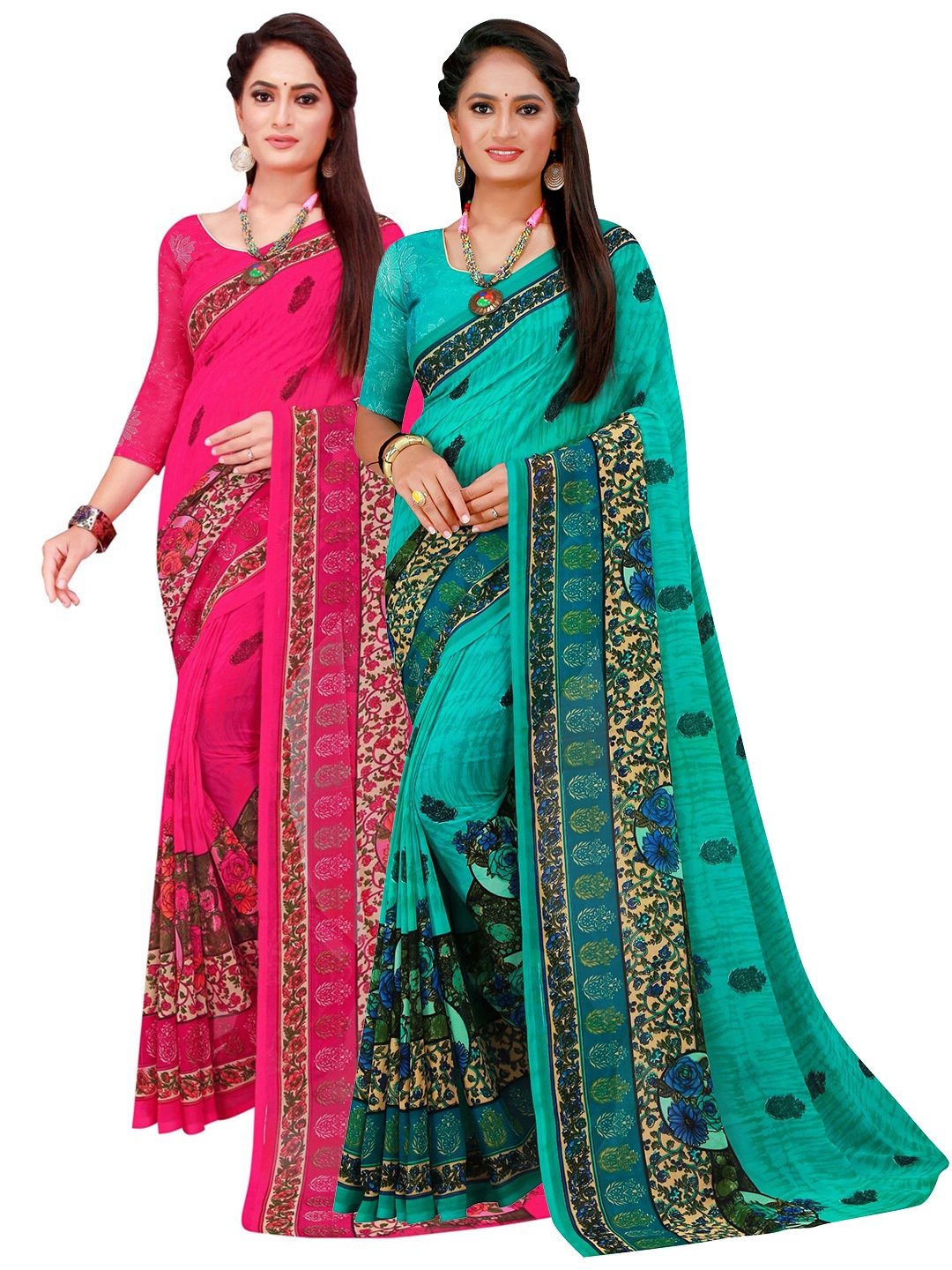 

SAADHVI Magenta & Turquoise Blue Floral Printed Pure Georgette Saree Pack Of 2