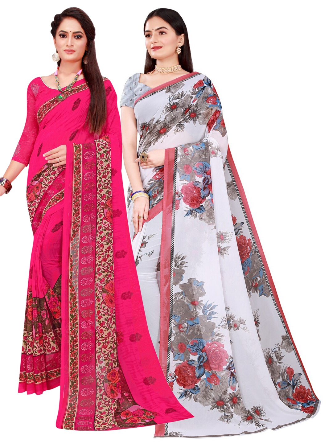 

SAADHVI Magenta & White Set of 2 Floral Printed Georgette Saree