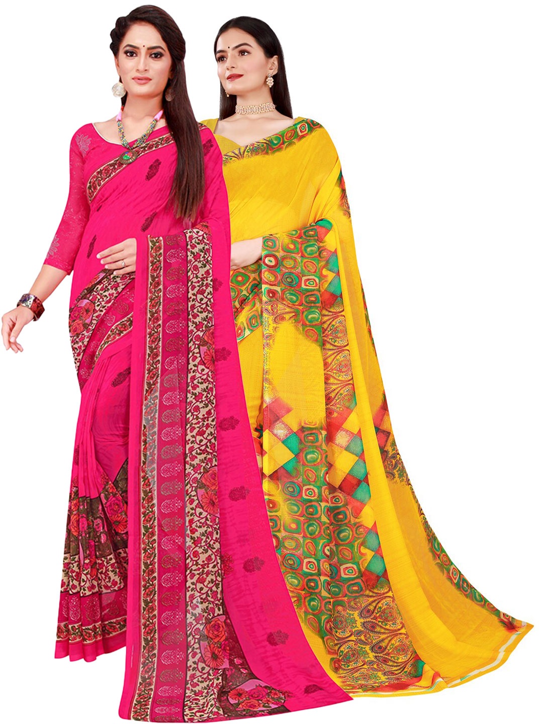 

SAADHVI Magenta & Yellow Printed Pure Georgette Saree Pack Of 2