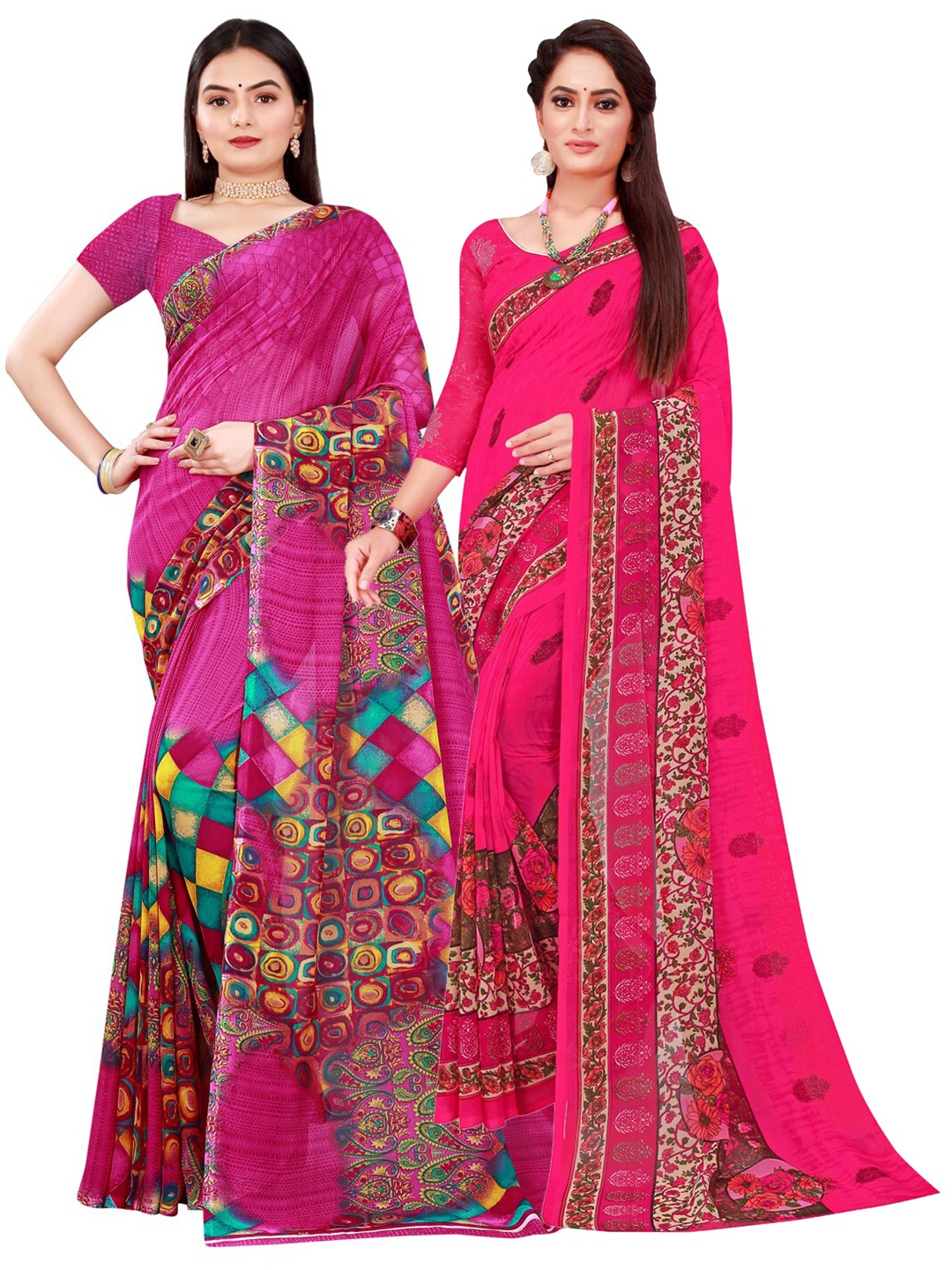 

SAADHVI Magenta & Yellow Printed Pure Georgette Saree Pack Of 2
