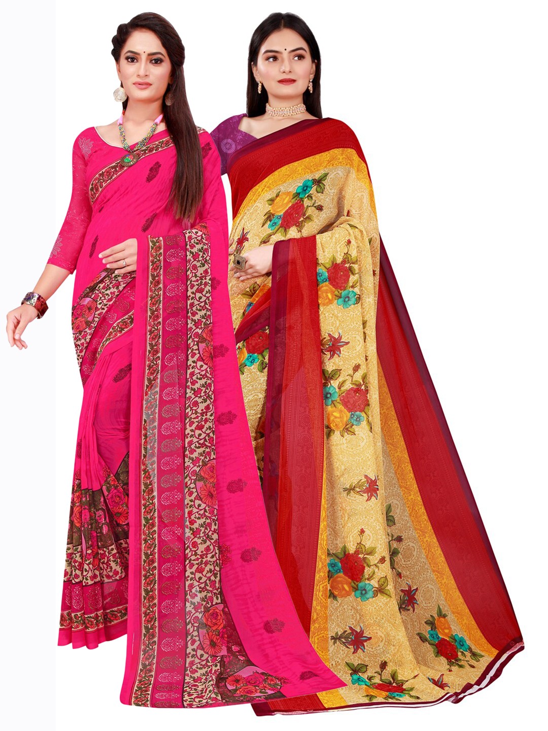

SAADHVI Beige & Magenta Set of 2 Floral Printed Georgette Saree